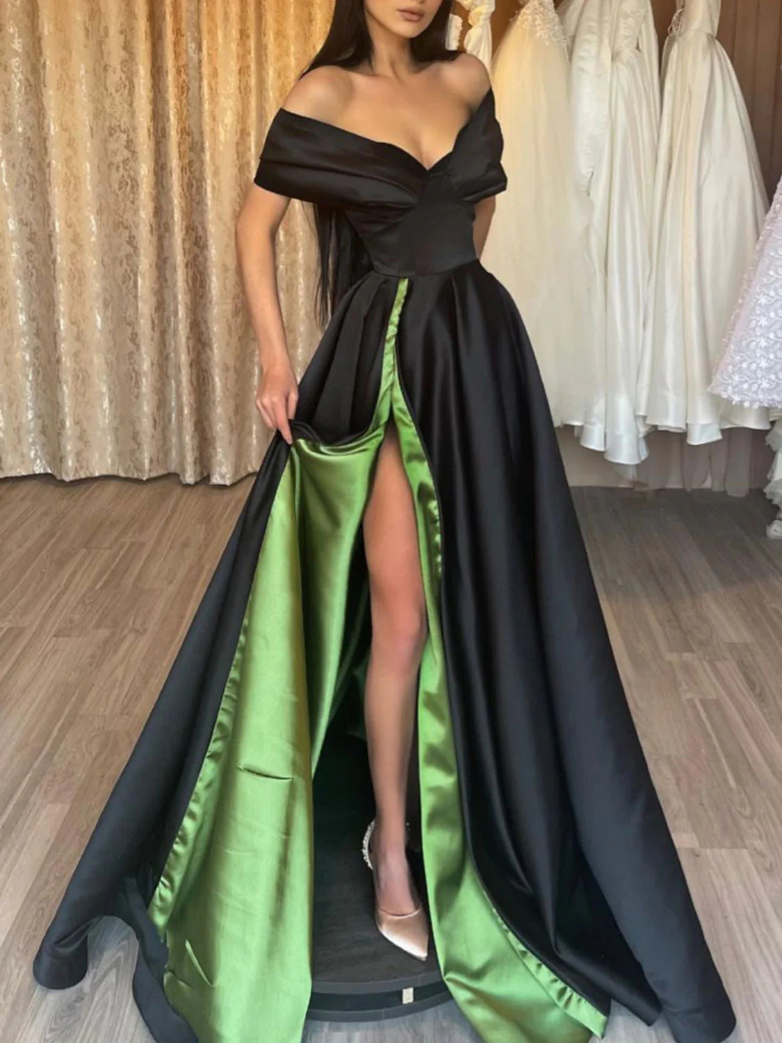Wholesale Simple black satin off shoulder long prom dress black evening dress gowns evening dresses